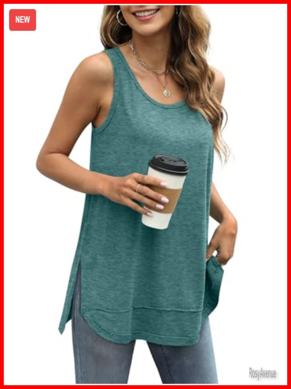 Women's Loose Fit Scoop Neck Tank Top Sleeveless Side Split Summer Casual Shirt